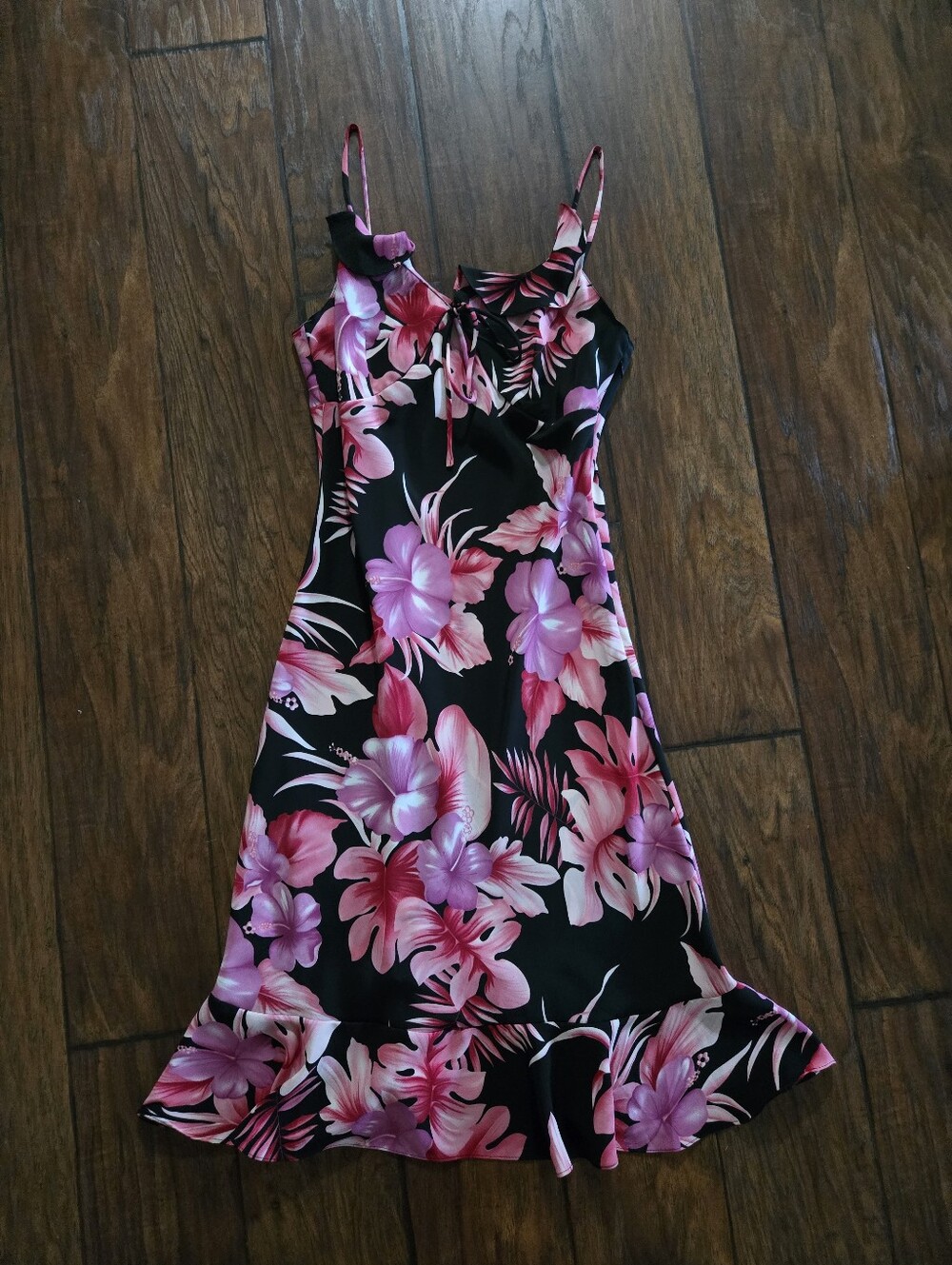 A Wild Thyme Black Floral Slip Dress with Pink Hibiscus Print Size 8P